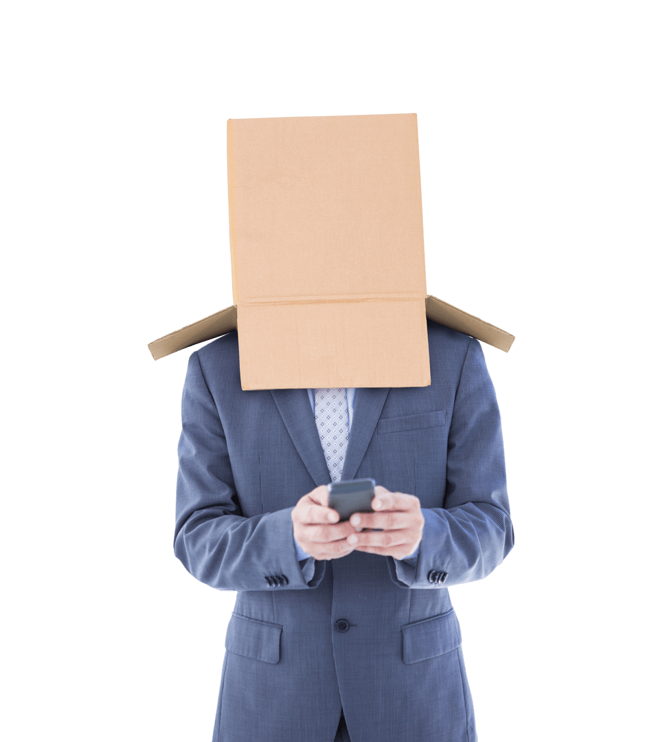 Anonymous Businessman with Box on Head Using Smartphone