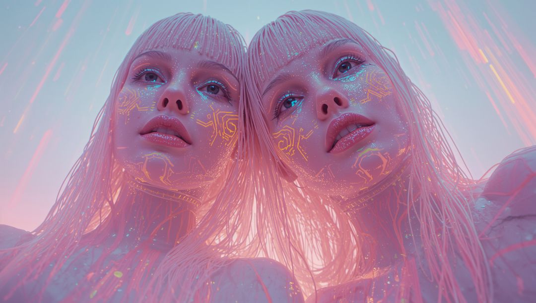 Twin Android Busts with Neon Cybernetic Circuitry Patterning