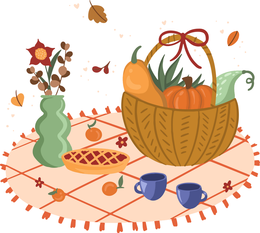 Transparent Autumn Picnic Setting with Basket and Produce