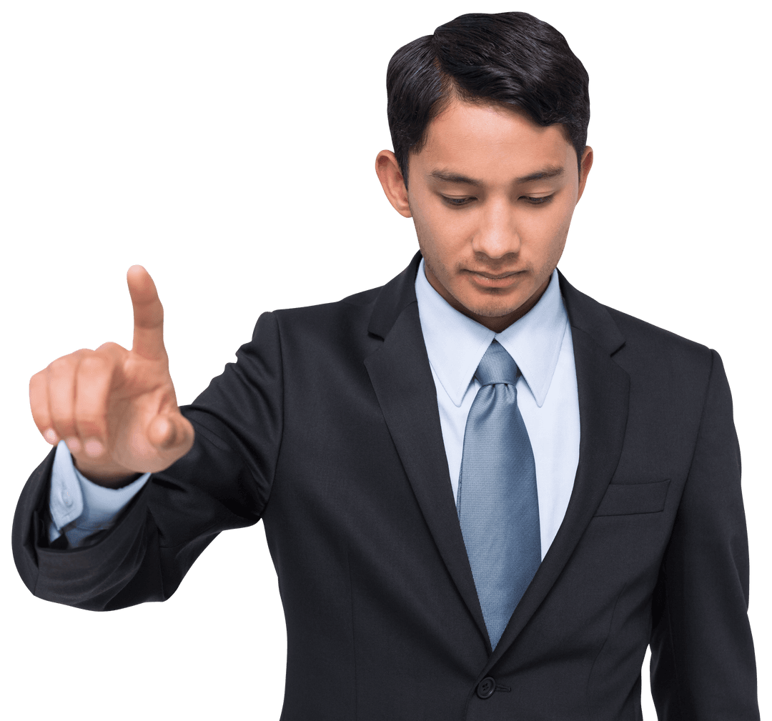 Focused Asian Businessman Pointing with Finger on Transparent Background