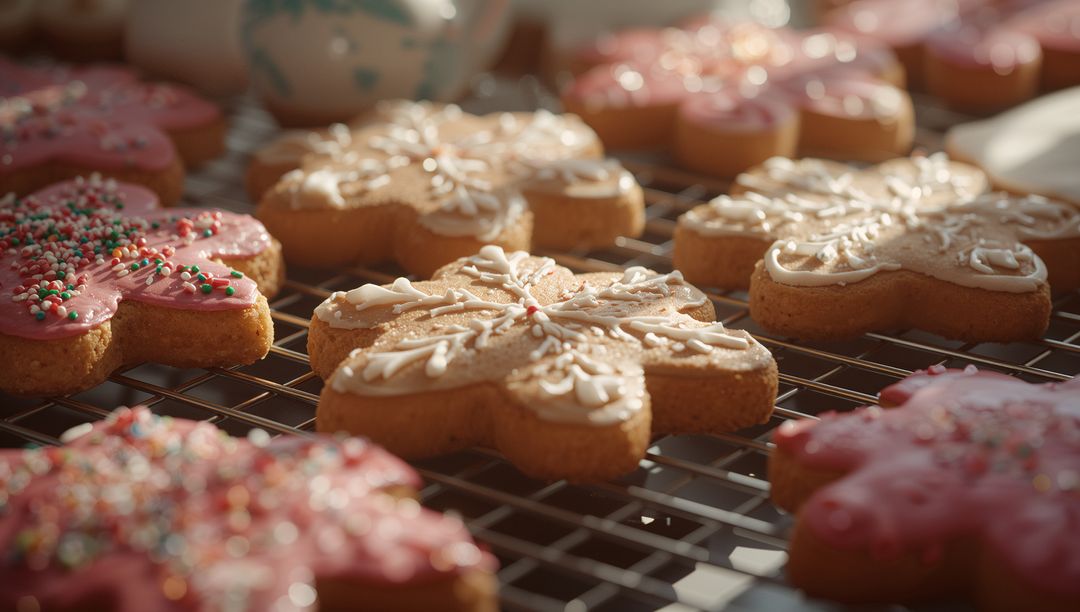 Flower-shaped Sugar Cookies with Intricate Icing Designs on Cooling Rack