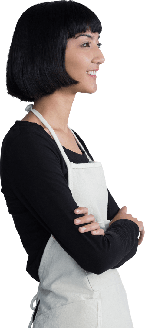 Transparent Smiling Waitress with Arms Crossed in Apron