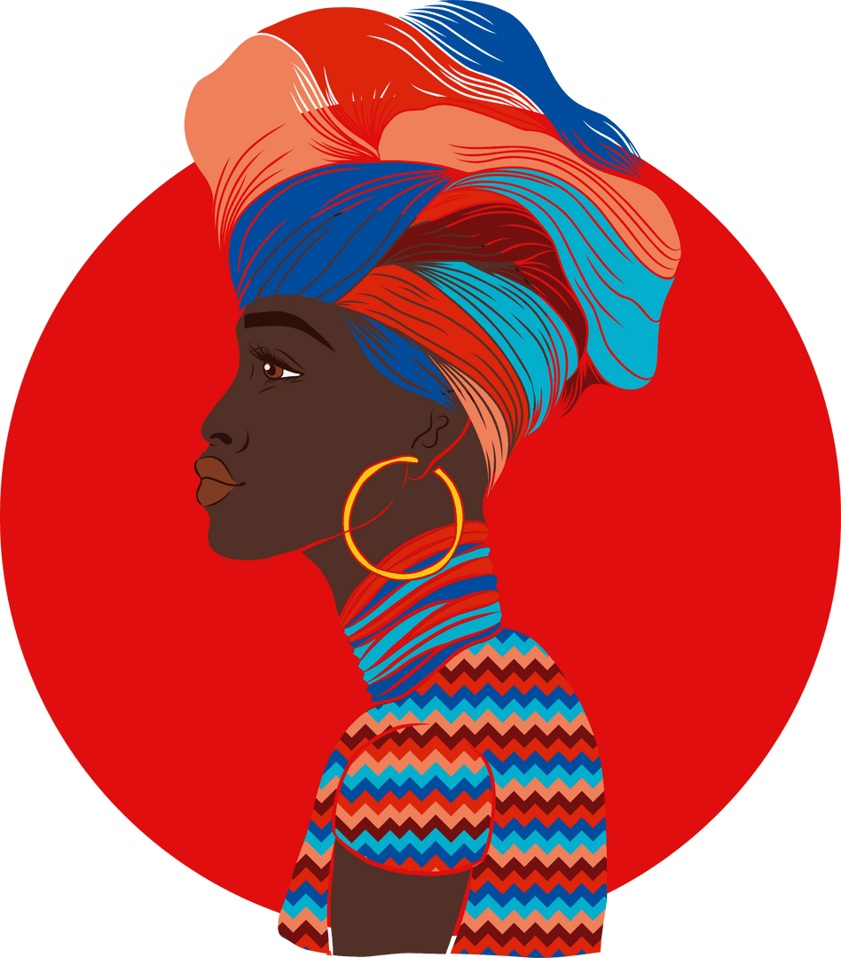 Profile of Woman in Colorful Headwrap on Red Circle with Transparent Background