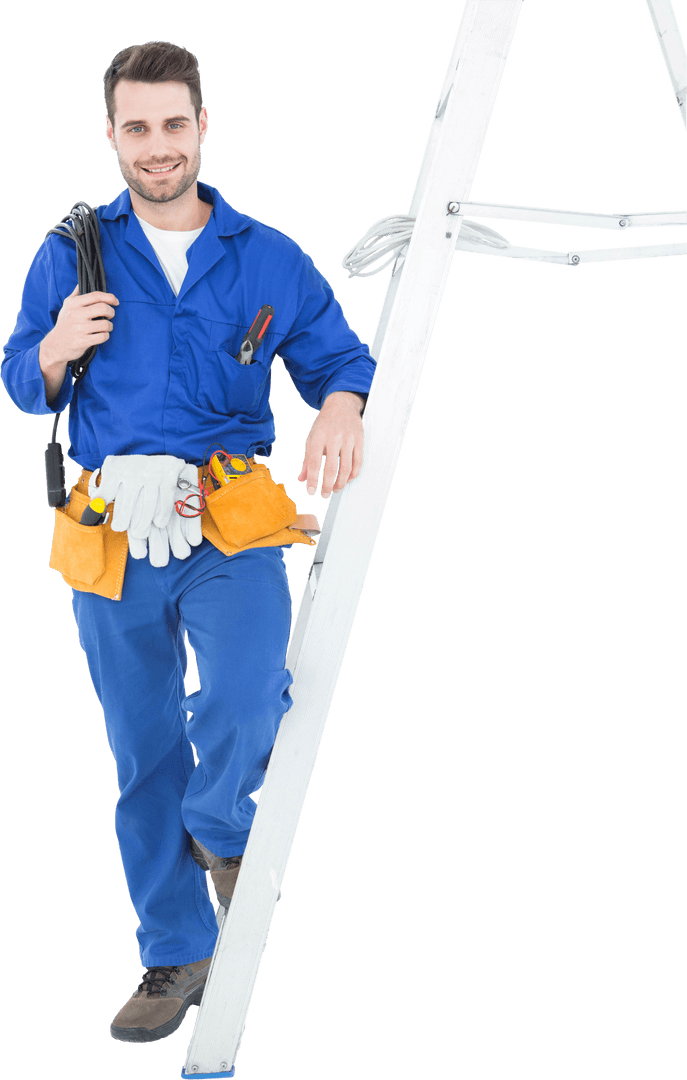 Confident Construction Worker with Tools Posing by Ladder Transparent