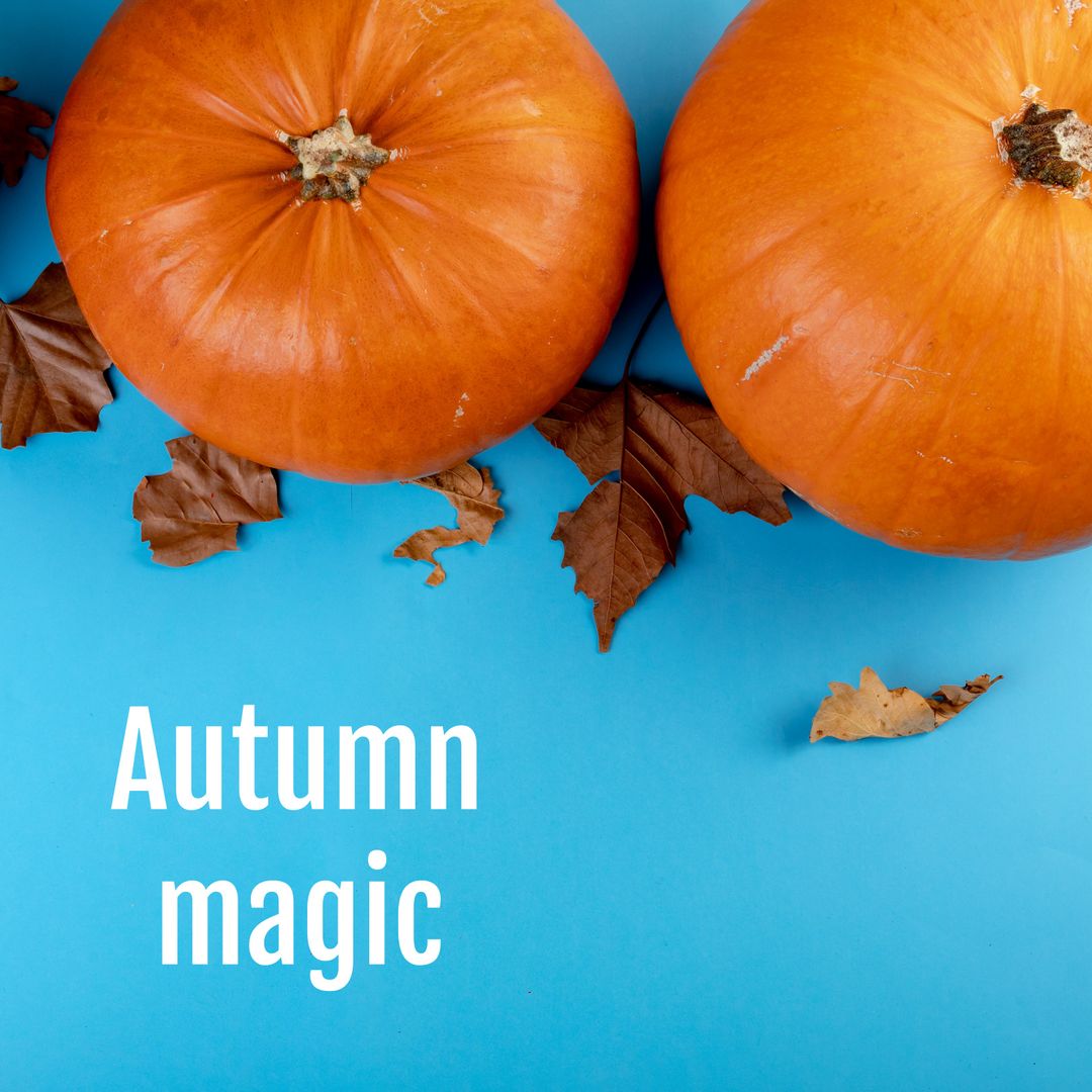 Autumn Magic with Pumpkins and Fallen Leaves on Blue Background - Download Free Stock Templates Pikwizard.com