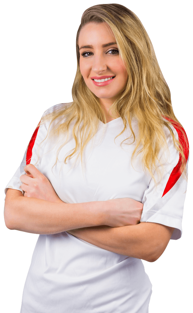Transparent Smiling Female Football Fan in White Jersey Posing Confidently