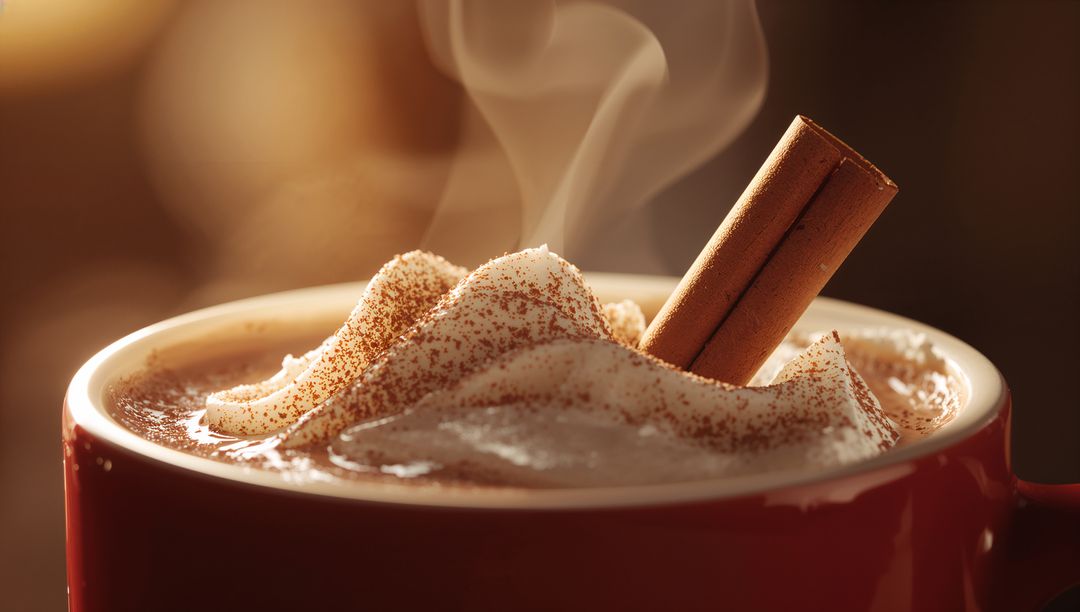 Steaming Hot Chocolate with Whipped Cream and Cinnamon Stick