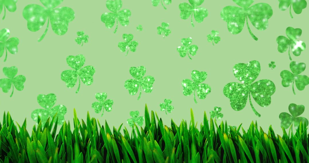 Floating Glitter Clover Leaves on Green Field Background