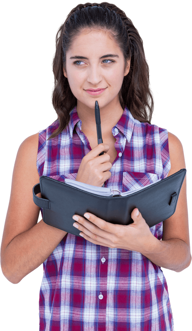 Transparent Brunette Woman Thinking Pen and Notebook in Hand