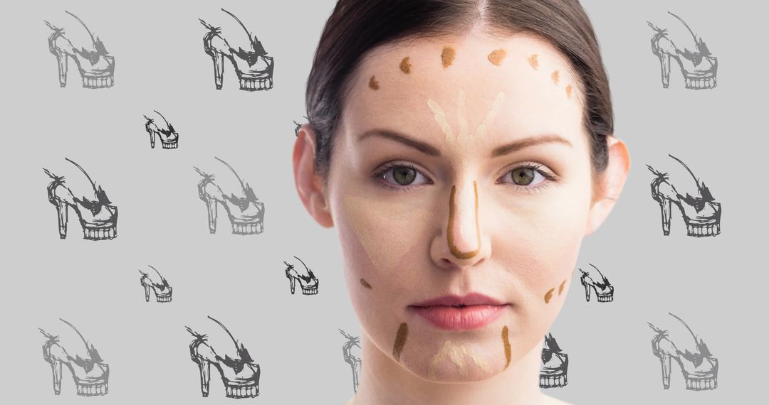 Woman with Contour Makeup Against Fashion-Themed Background