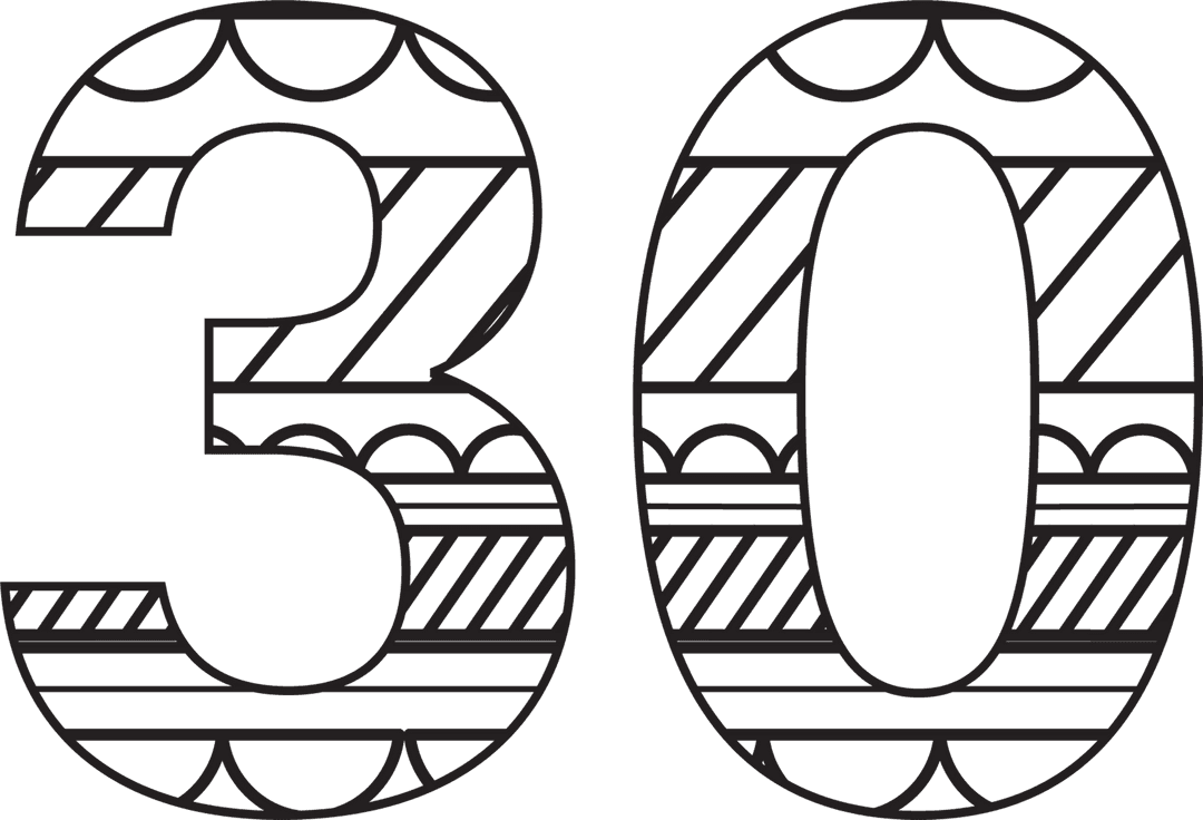 Decorative Patterned Number 30 on Transparent Background