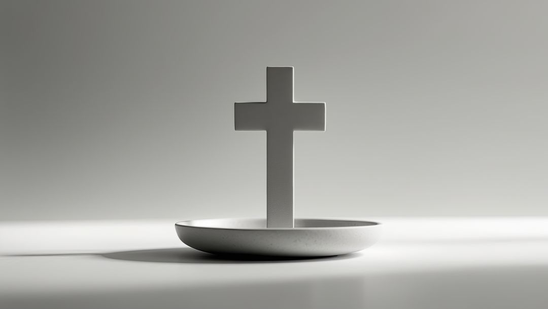 Minimal Monochrome Cross in Round Dish Symbolizing Spiritual Serenity