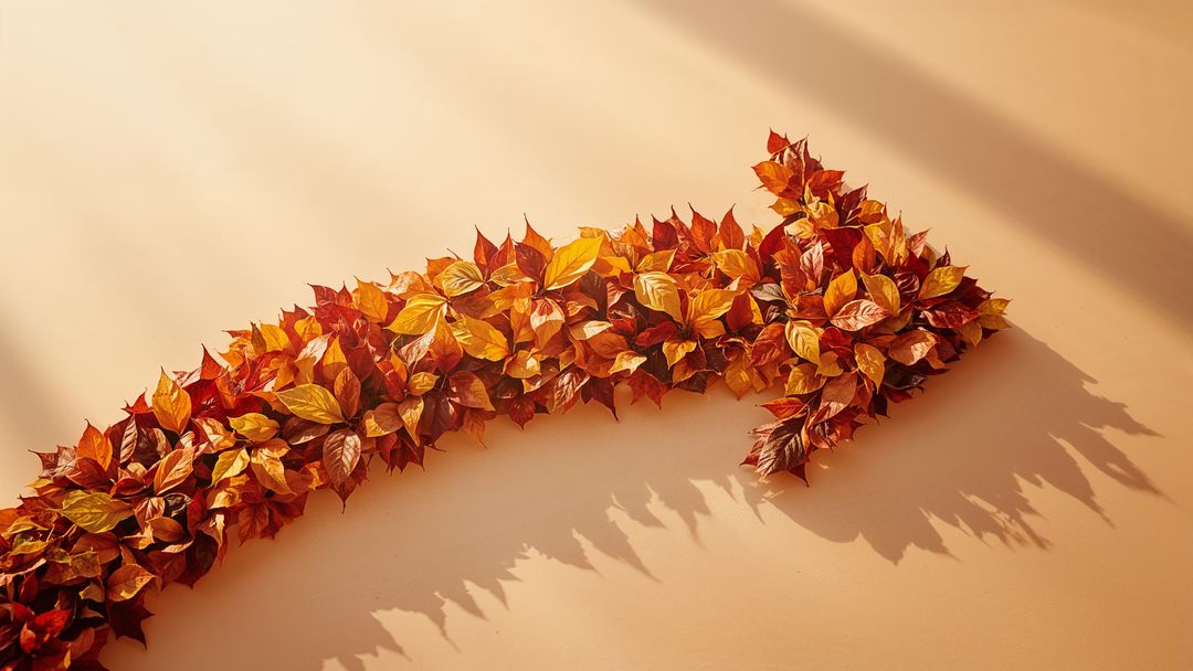 Curved arrow shaped with autumn leaves on beige surface