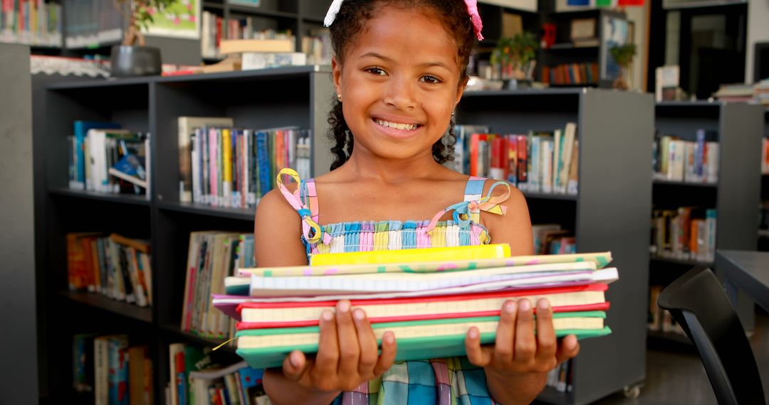 Smiling African American Girl Holding Books in Modern Library - Free Images, Stock Photos and Pictures on Pikwizard.com