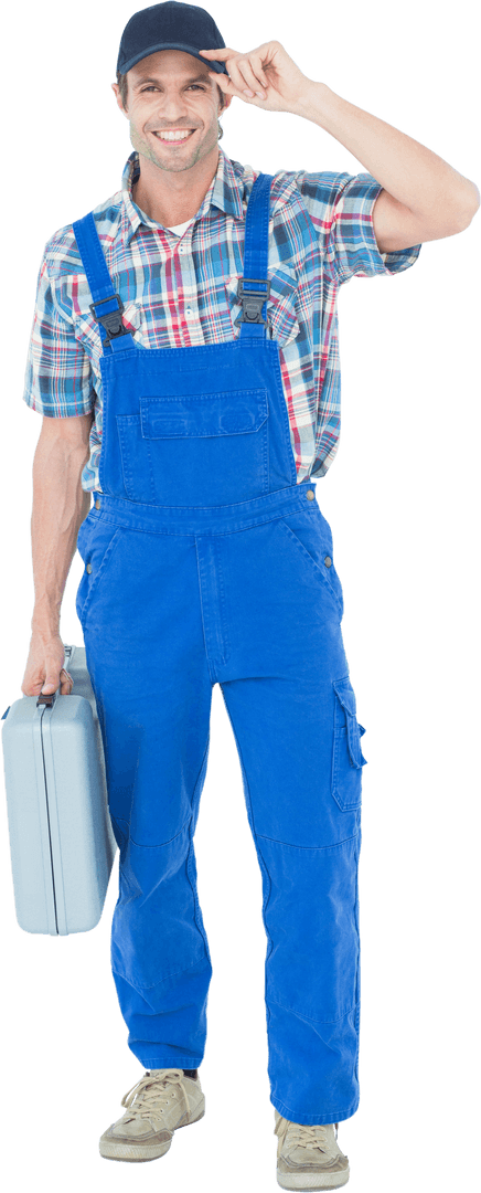 Transparent Confident Plumber Holding Toolbox in Blue Overalls