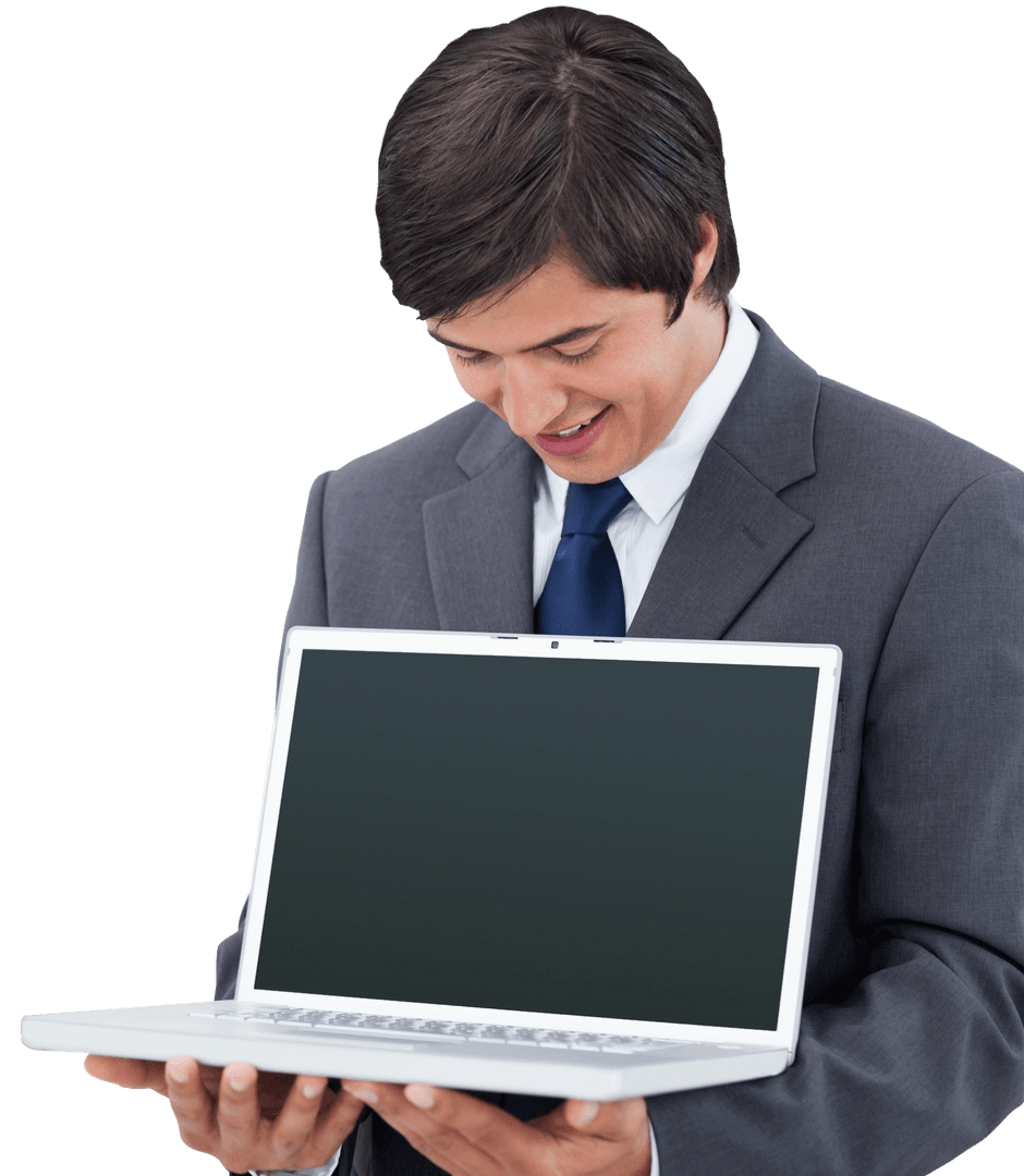 Caucasian Businessman Smiling at Laptop on Transparent Background