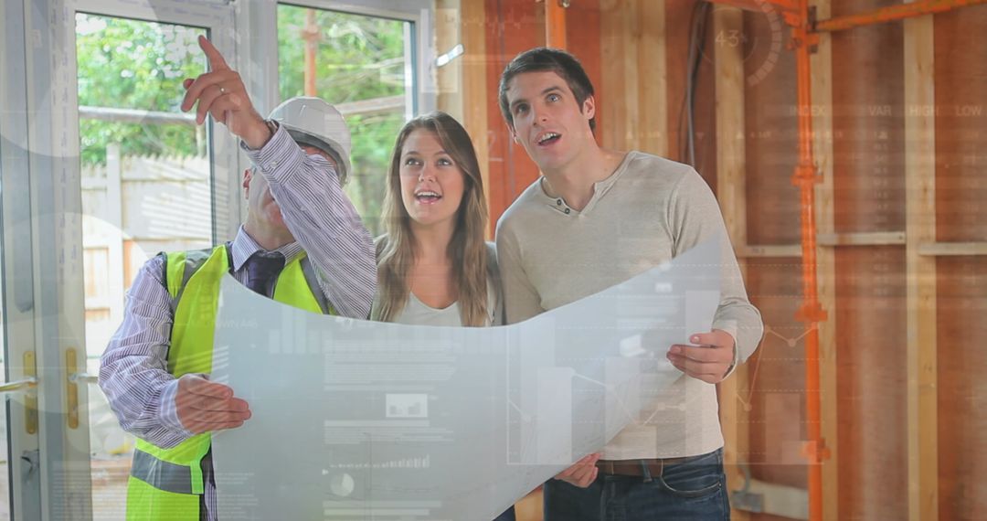 Construction Expert Discussing Plans with Couple at Building Site