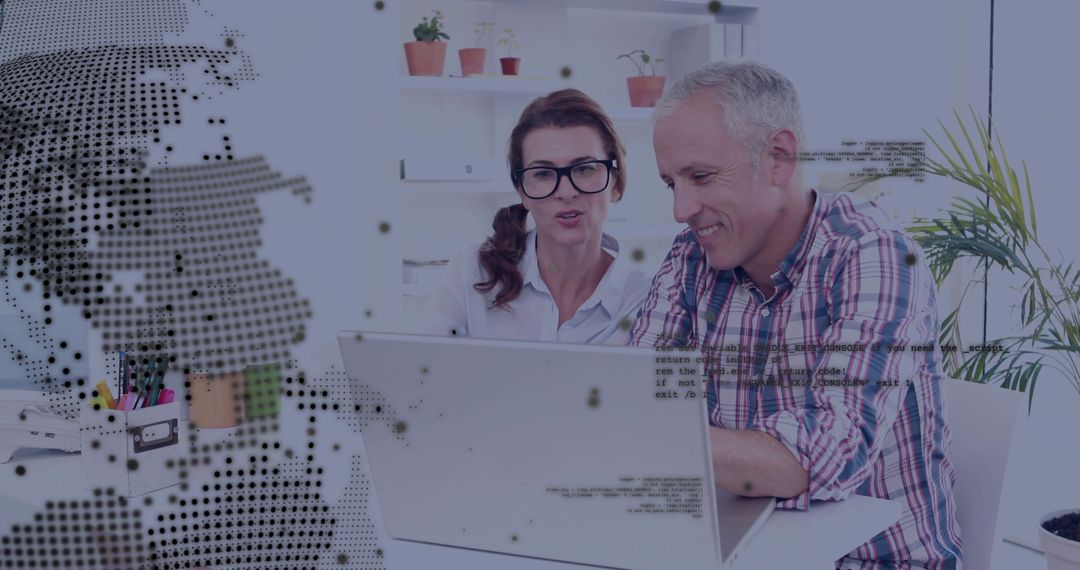 Business Professionals Collaborating on Laptop with Digital Graphics