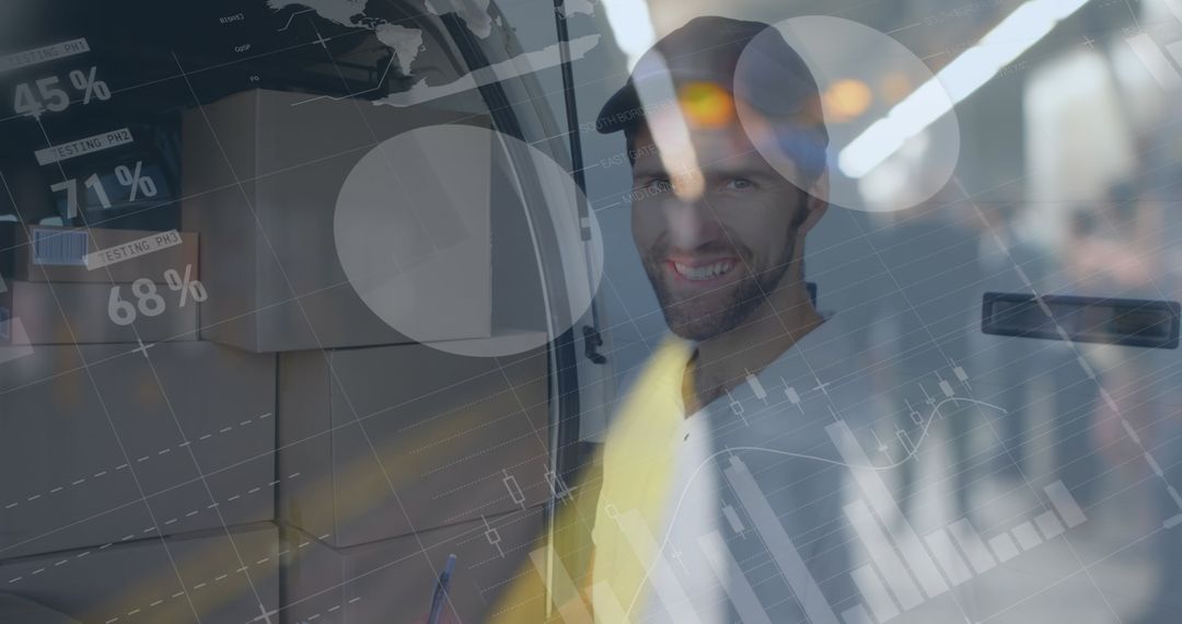 Smiling Delivery Professional with Data Charts Overlay