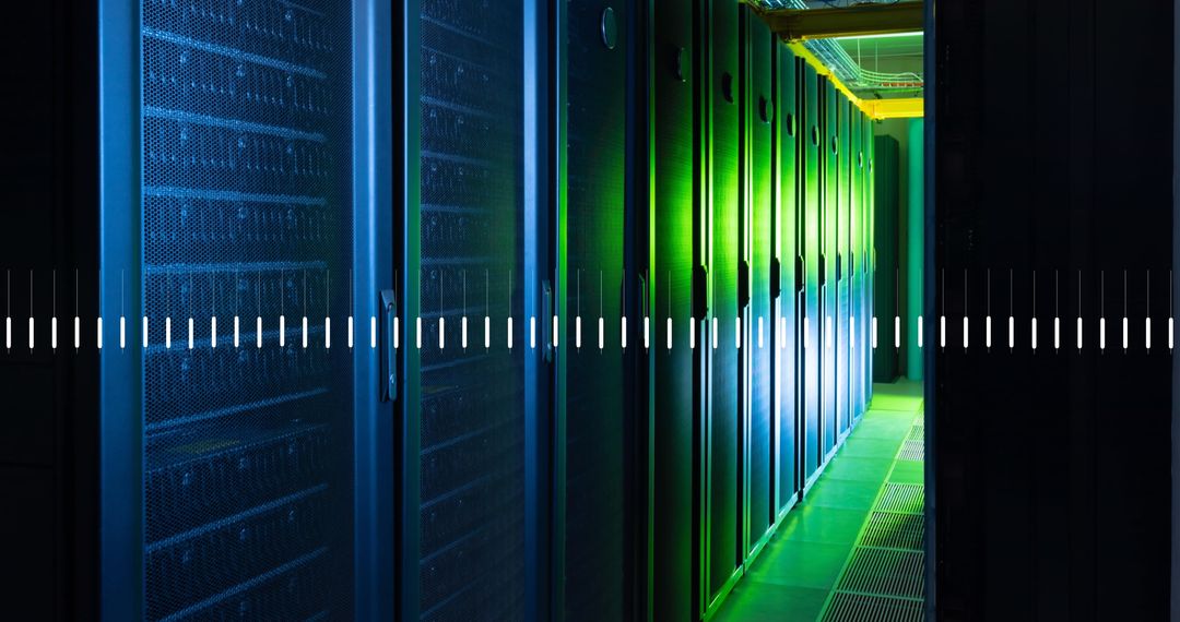 Modern Data Center with Multiple Server Racks and Blue-Green Lighting