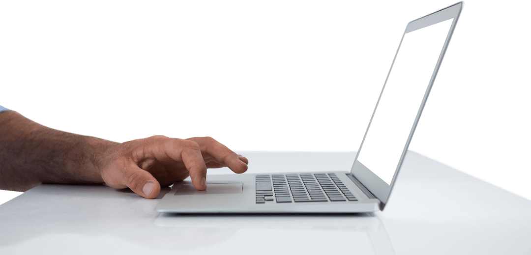 Hand Using Laptop with Transparent Screen on Modern Desk