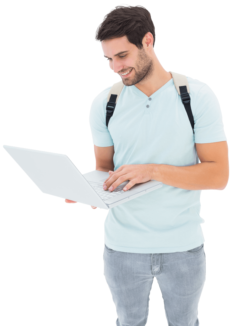 Smiling Caucasian Business Professional with Laptop on Transparent Background