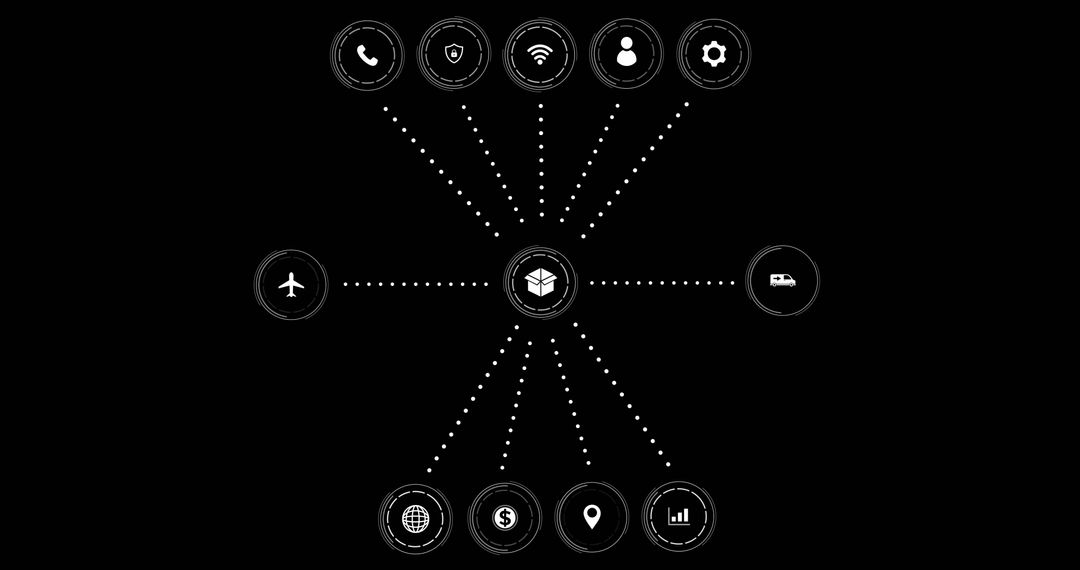 Digital Network with Connected Node Icons on Black Background
