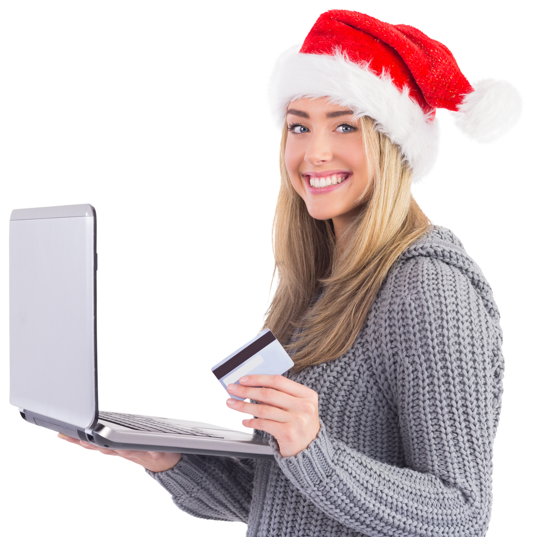 Festive Woman with Santa Hat Online Shopping on Laptop Holding Credit Card Transparent - Download Free Stock Images Pikwizard.com