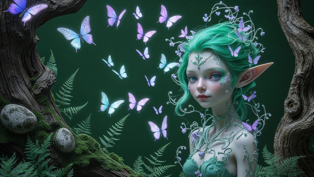 Enchanted forest elf fairy with glowing butterflies
