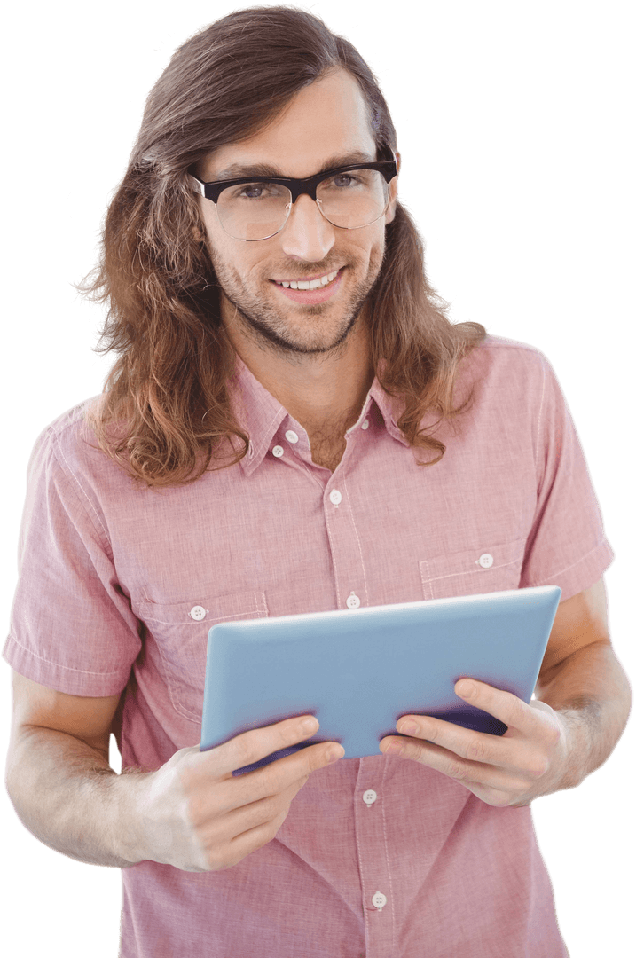 Casual Hipster Using Tablet with Transparent Background