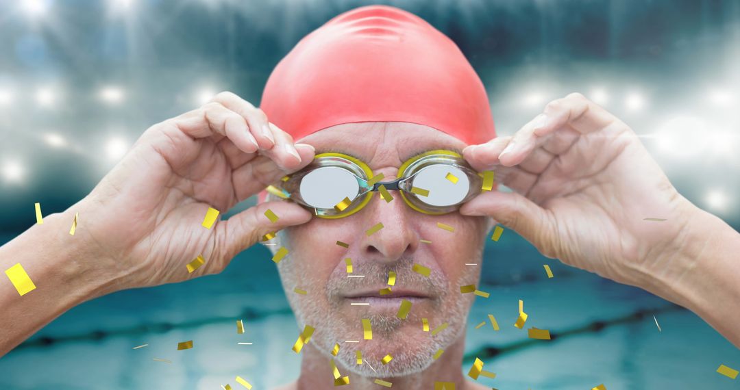 Senior Athlete Celebrating in Pool with Confetti and Swimming Cap
