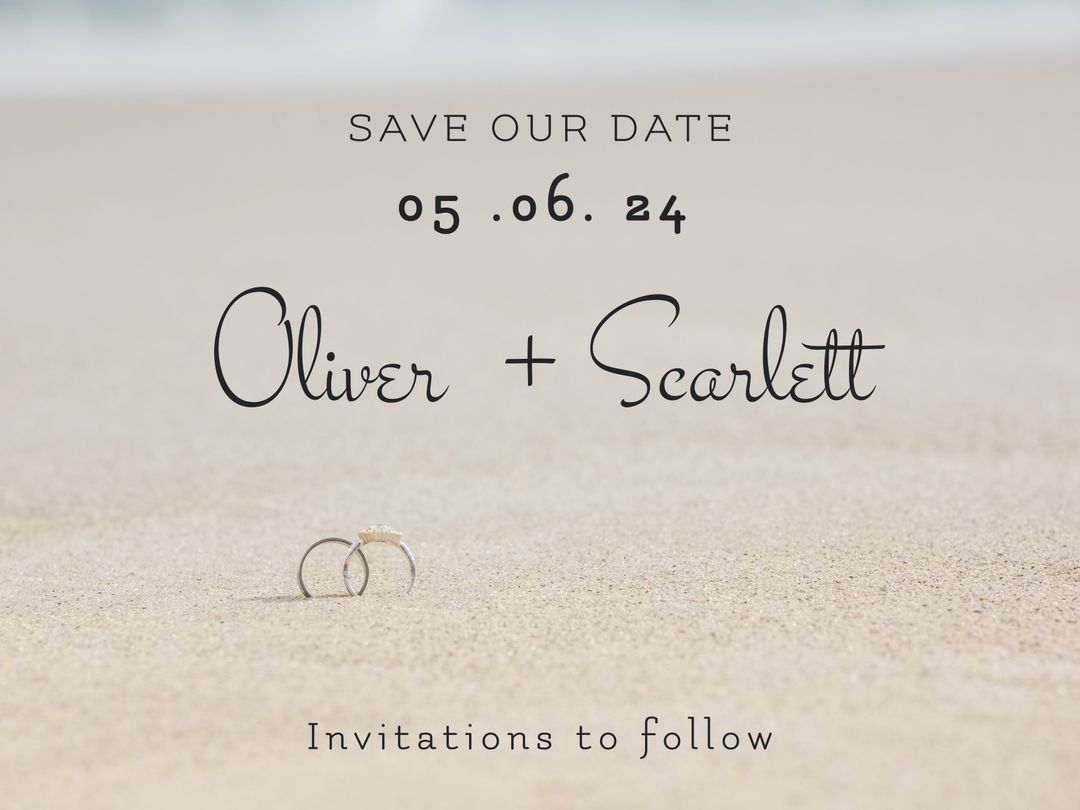 Beach Wedding Save the Date Invitation with Rings in Sand - Download Free Stock Templates Pikwizard.com