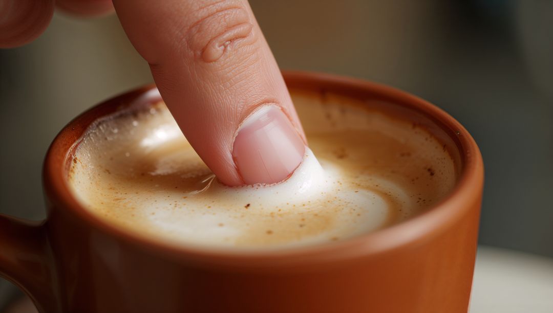 Pressing fingertip into latte foam in brown ceramic cup for sensory texture study