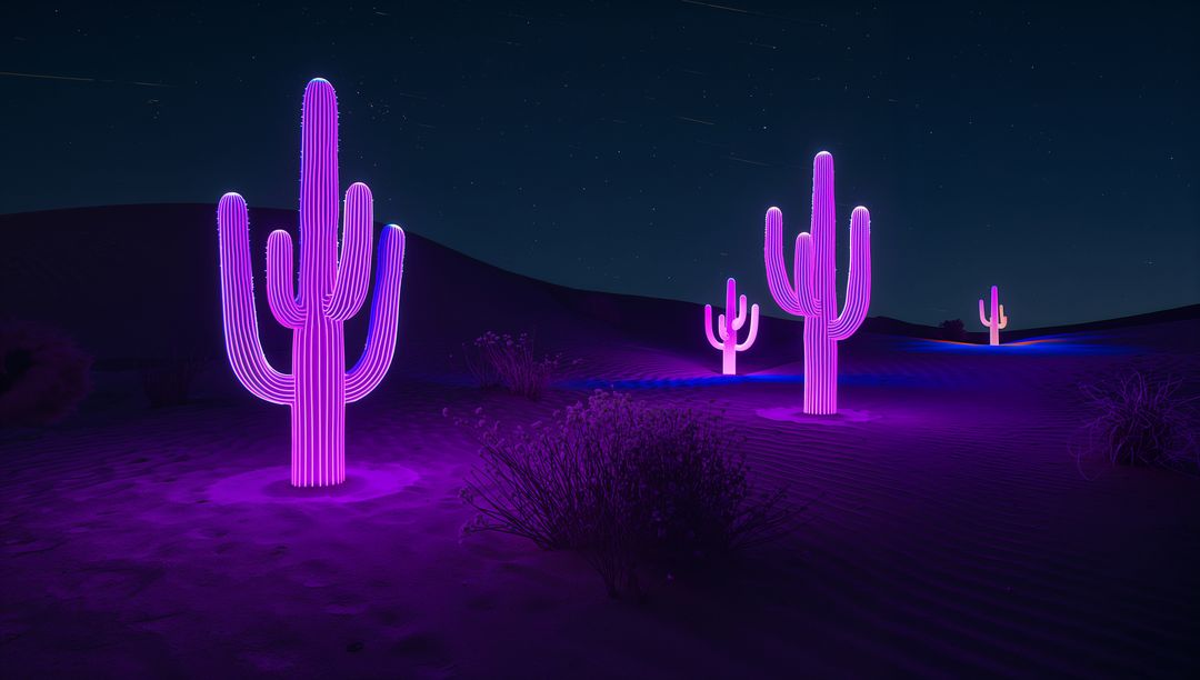 Neon Cacti Illuminating Starry Desert Landscape