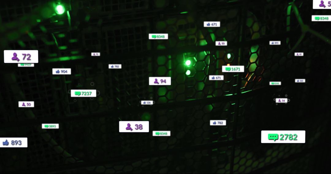 Glowing Green Digital Data Icons Over Server Grid