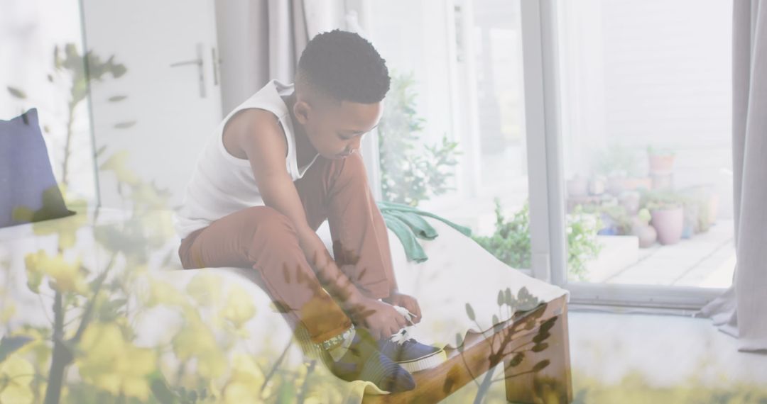 Child Tying Shoes with Double Exposure of Nature and Home