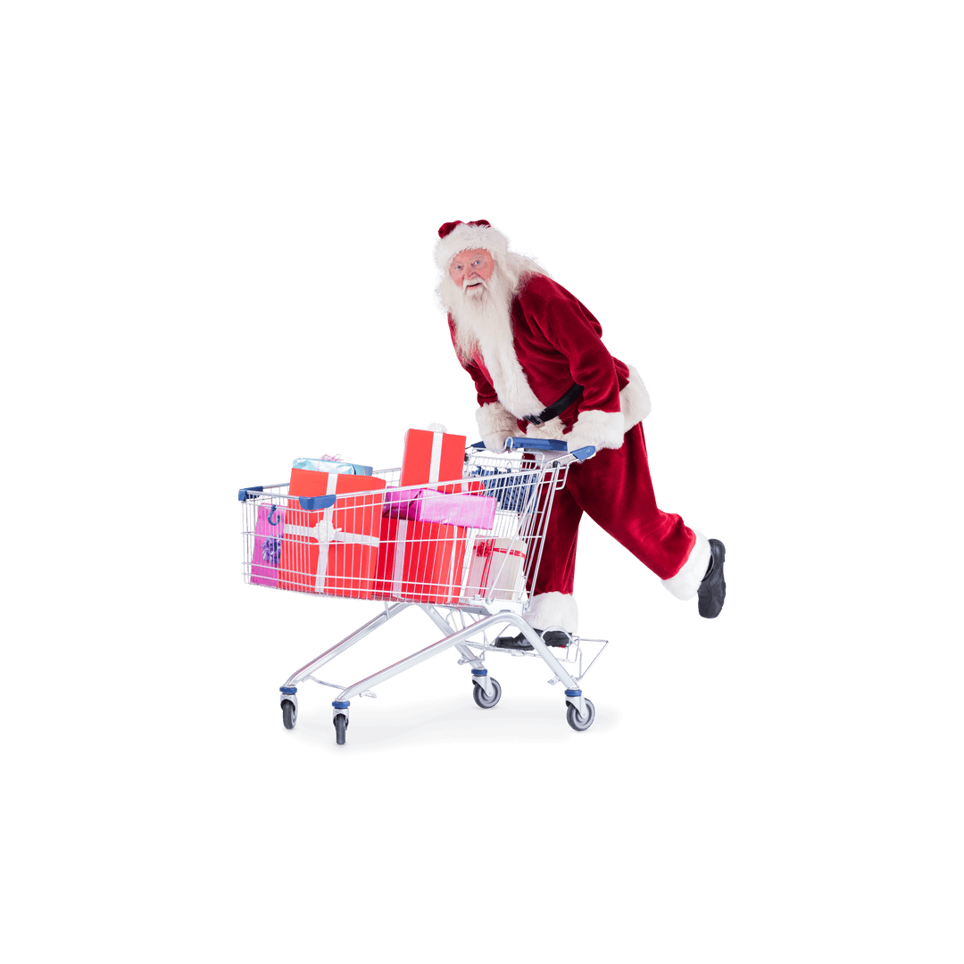 Santa Claus Pushing Shopping Cart with Christmas Gifts Transparent Background