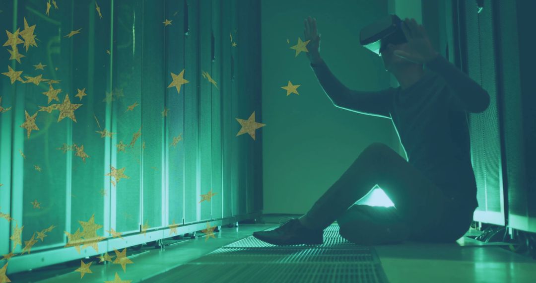 Futuristic VR Experience with Floating Stars and Server Rooms