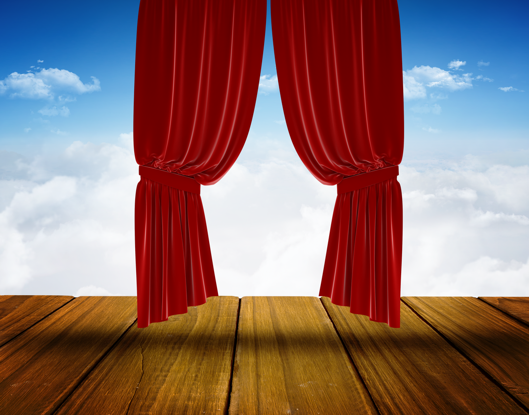 Transparent Stage with Red Curtains on Wooden Flooring with Blue Sky Background - Download Free Stock Images Pikwizard.com