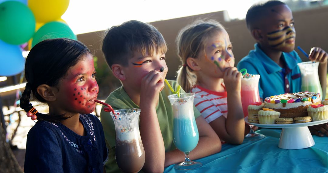 Children with Face Paint Enjoying Colorful Drinks at Outdoor Party - Free Images, Stock Photos and Pictures on Pikwizard.com