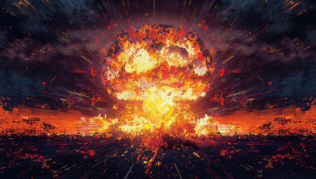 Massive Fiery Explosion with Mushroom Cloud in Dystopian Landscape