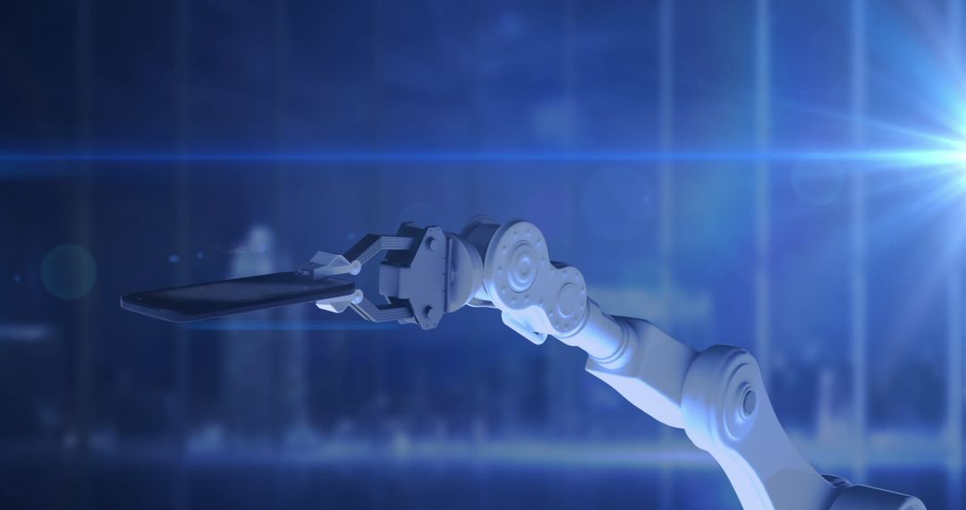Futuristic Robot Arm Holding Digital Interface with Data Holograph