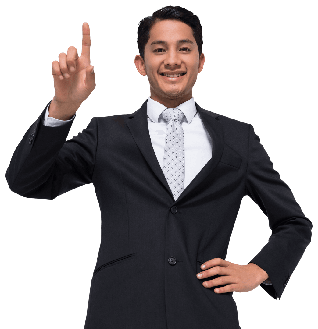 Smiling Asian Businessman Pointing at Transparent Background