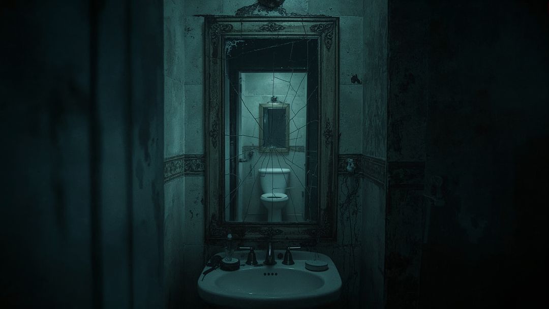Abandoned Restroom with Shattered Mirror and Vintage Atmosphere