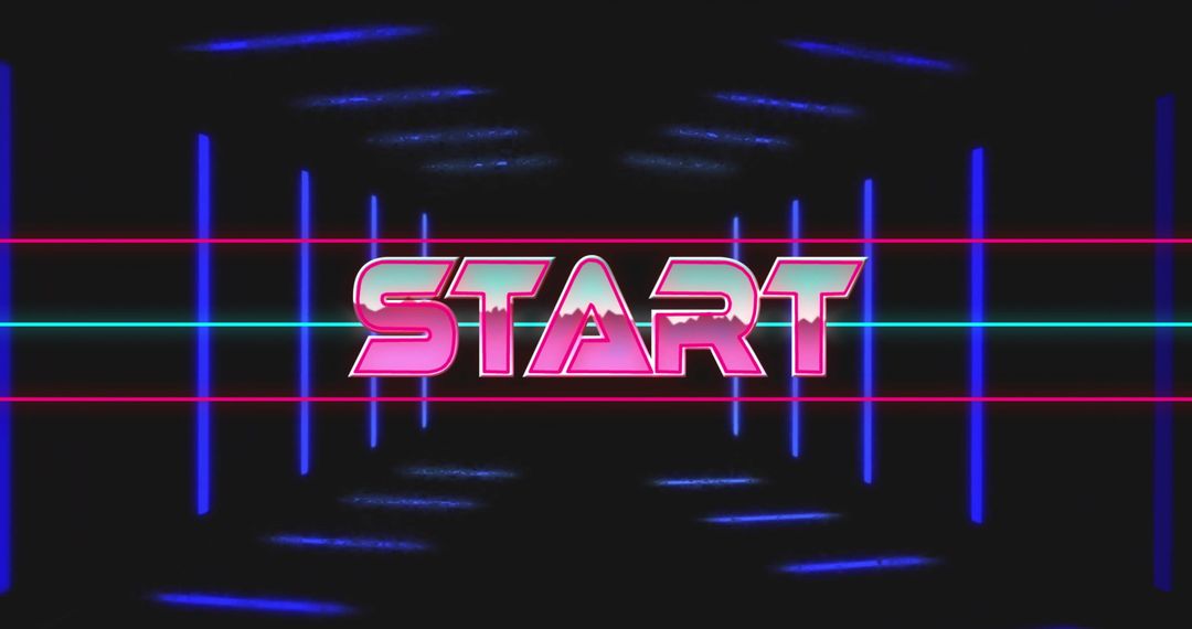 Retro Start Sign with Neon Effect Over Bluish Geometric Shapes