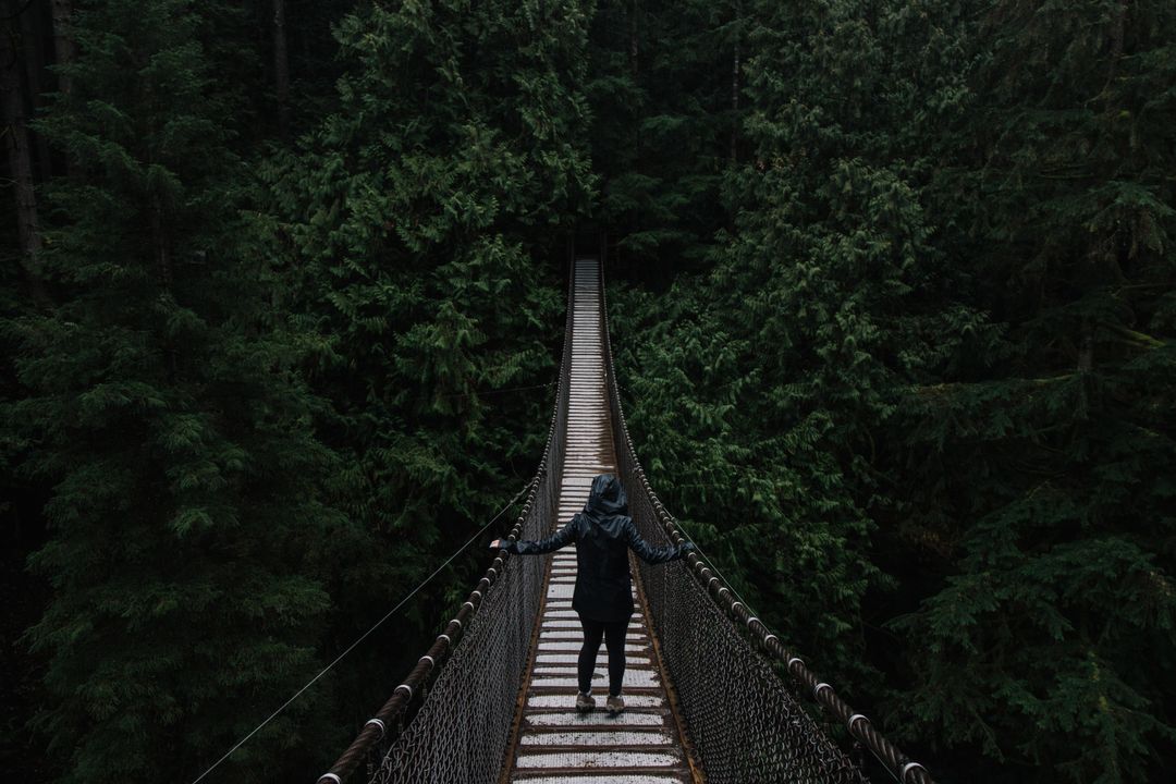Man Crossing Suspension Bridge in Dense Forest