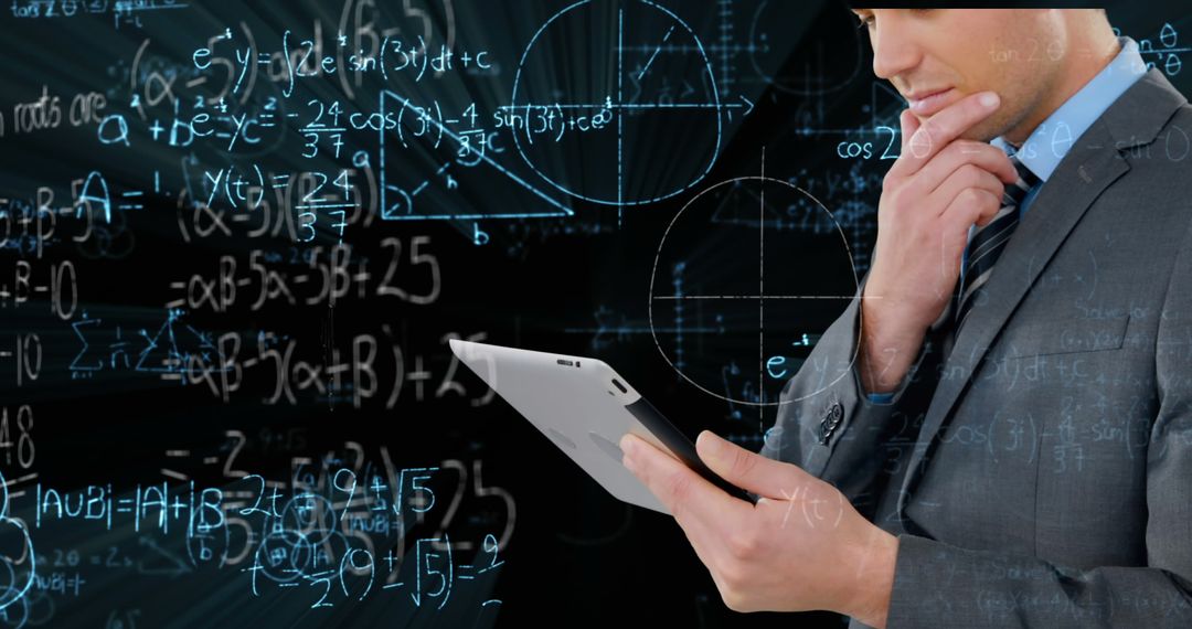 Businessman Analyzing Data on Tablet with Mathematics Background - Free Images, Stock Photos and Pictures on Pikwizard.com