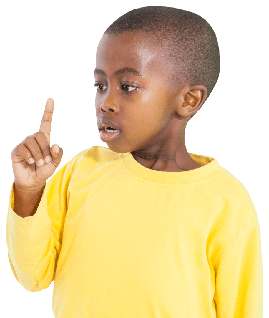 African Boy Pointing Finger Up on Transparent Background
