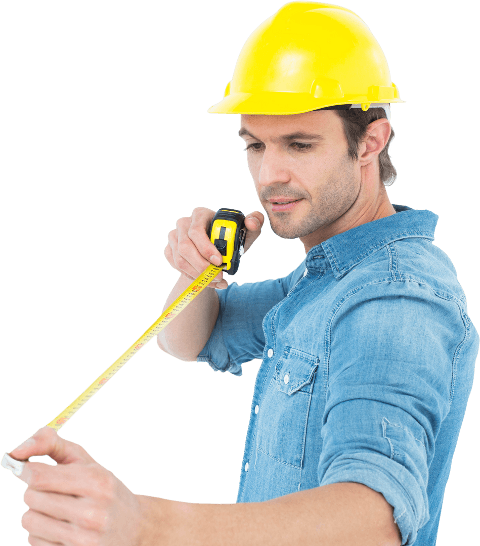 Architect in Hard Hat Measuring with Tape Transparent Background