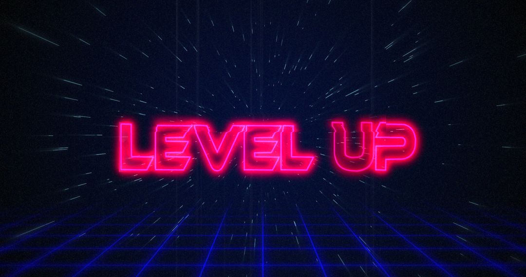 Retro Neon Level Up Text with Futuristic Grid Design